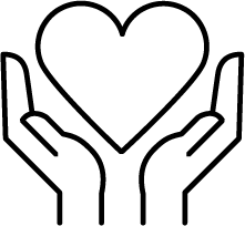 Stretch Affect line icon heart and hands graphic symbolizing "reduced pain"